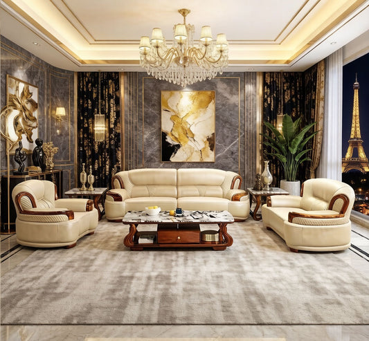 Italian Luxury Ebony Solid Wood Leather Sofa Set