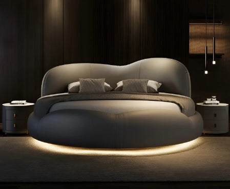 Luxury Round Leather Bed With LED