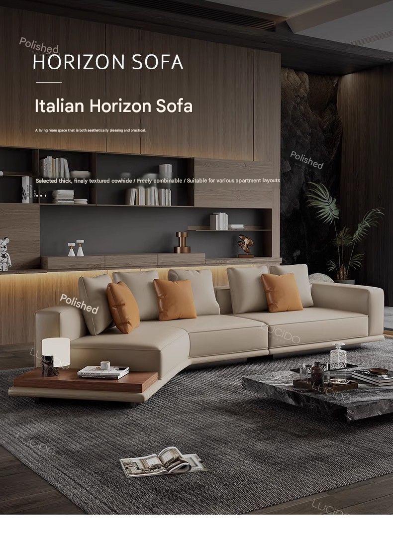 Italian Horizonte Flat Floor Leather Sofa With Side Cabinet