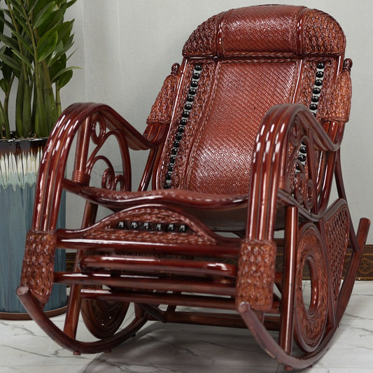 Vintage Wooden Rattan Rocking Chair With Footrest