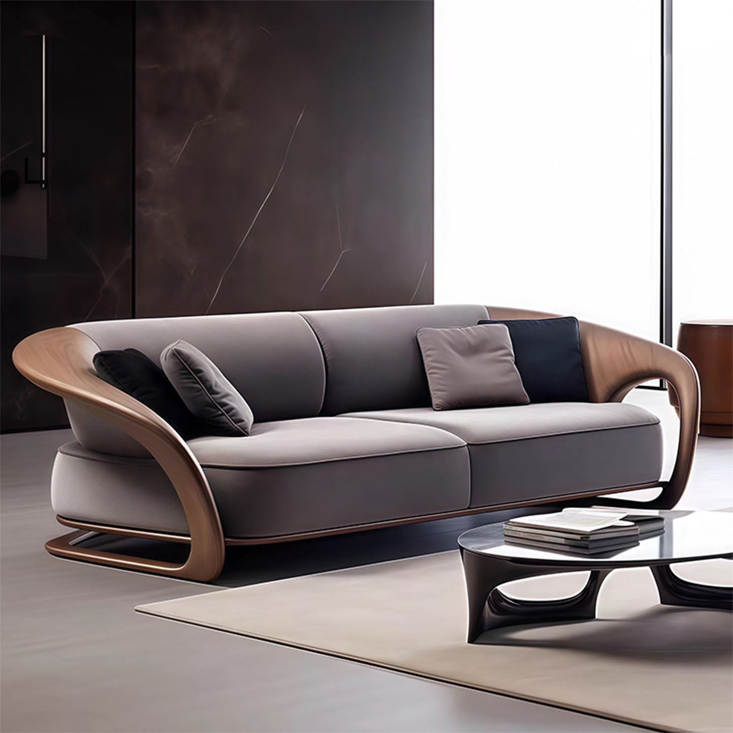 Modern Curved Sofa with Wooden Armrests