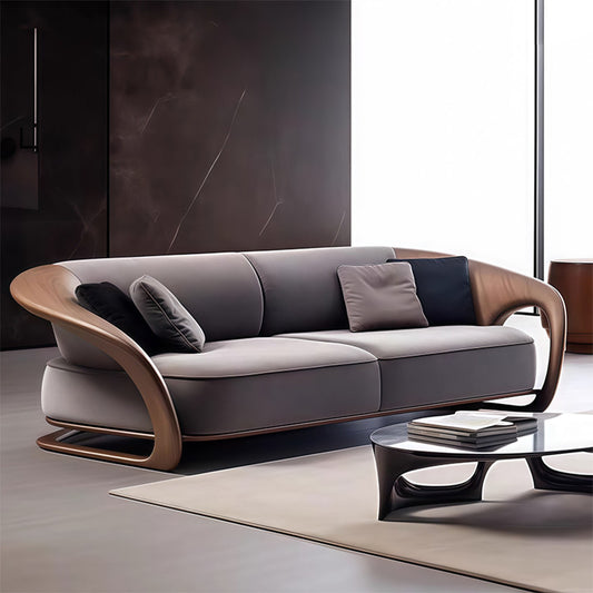 Modern Curved Sofa with Wooden Armrests