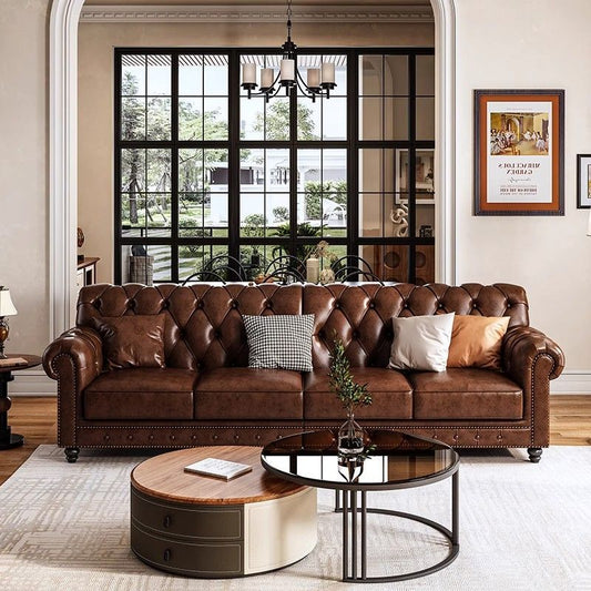Classic Vintage Tufted Leather Sofa Set
