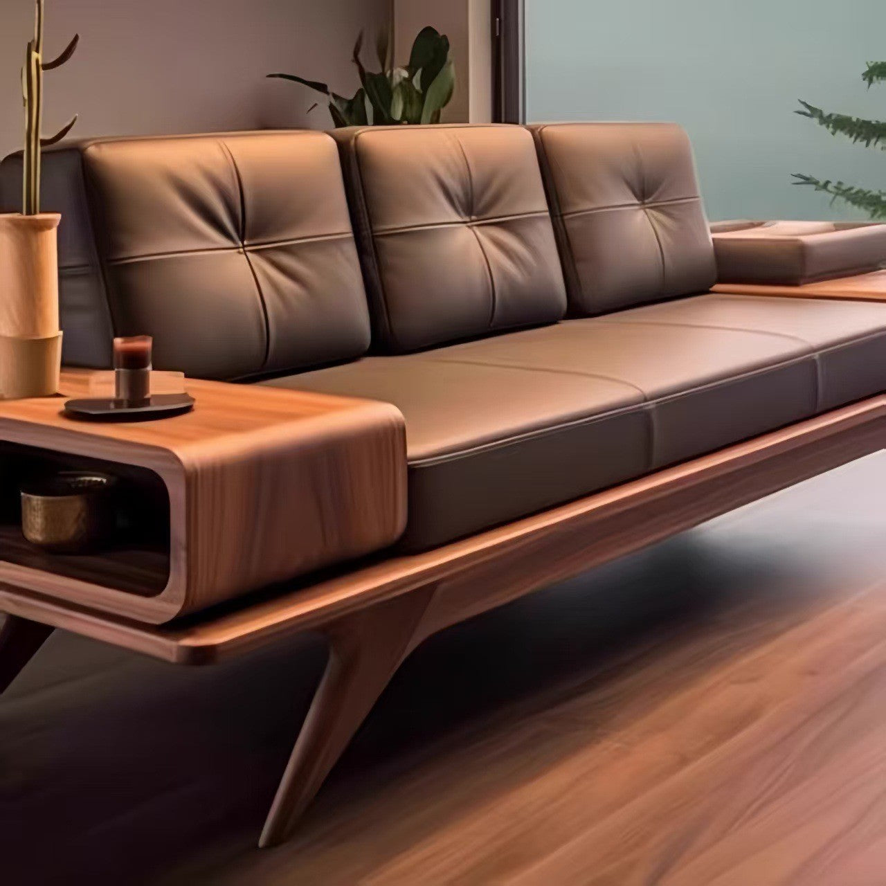 Luxury Walnut Wooden Sofa Set with Built-In Side Storage