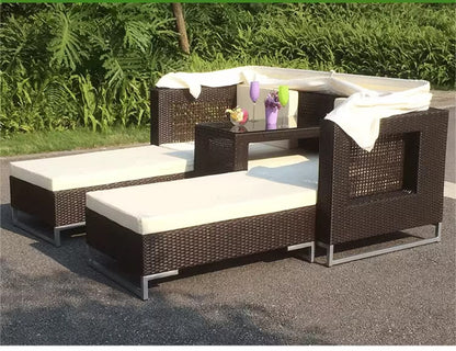 Luxury Outdoor Rattan Daybed Sofa with Adjustable Sunshade Canopy