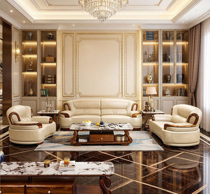Italian Luxury Ebony Solid Wood Leather Sofa Set