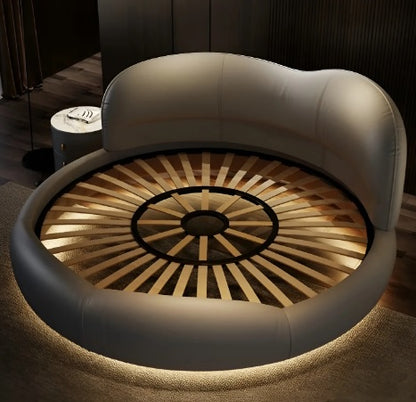 Luxury Round Leather Bed With LED