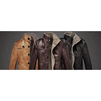 Mens Leather Plush Warm Mid Long Jacket