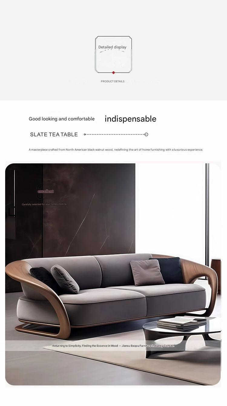 Modern Curved Sofa with Wooden Armrests