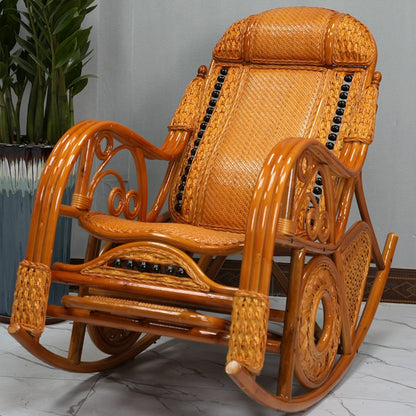 Vintage Wooden Rattan Rocking Chair With Footrest