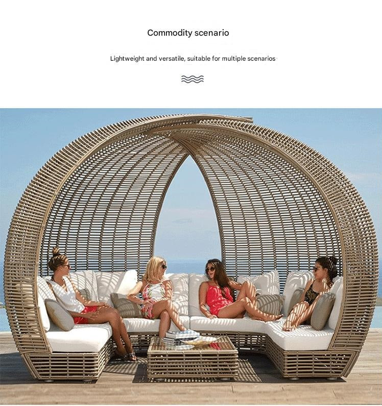 Outdoor Rattan Round Sofa with Canopy