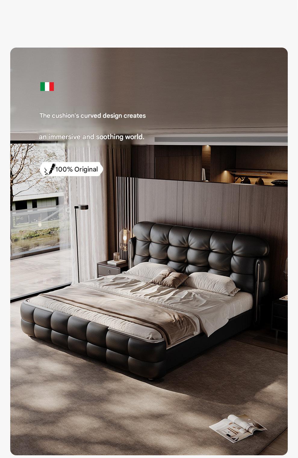 Luxury Italian Leather Bed with Tufted Cushion Headboard
