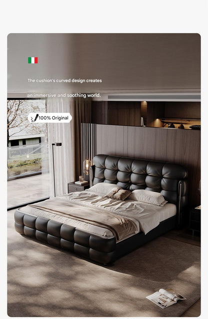 Luxury Italian Leather Bed with Tufted Cushion Headboard