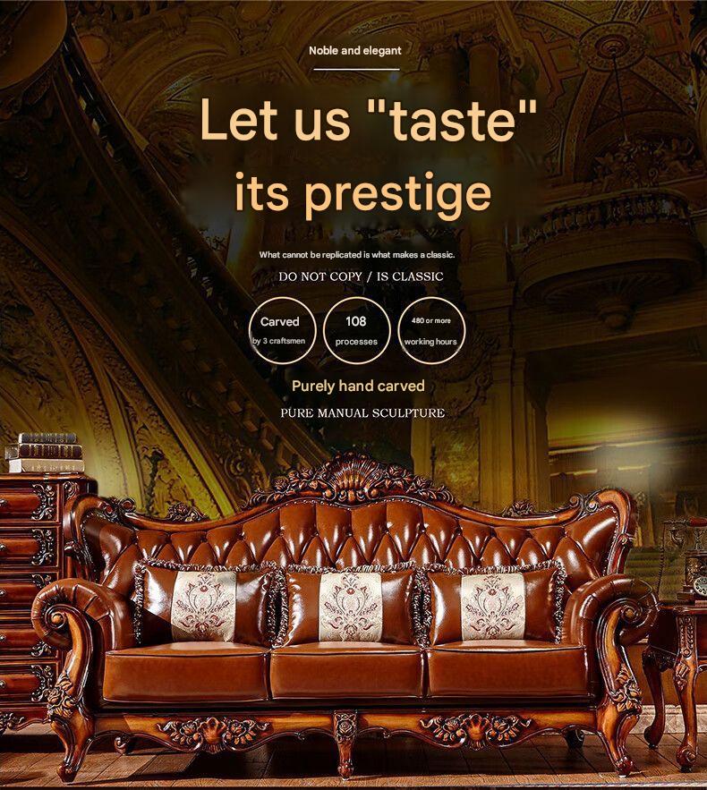 Luxury European Wooden Leather Sofa Set With Coffee Table
