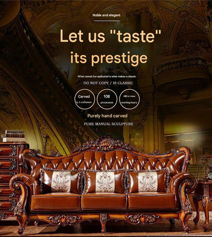 Luxury European Wooden Leather Sofa Set With Coffee Table