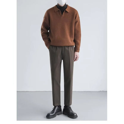 Mens Casual Long Sleeve Lapel Knitted Sweater