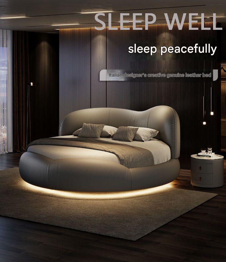 Luxury Round Leather Bed With LED