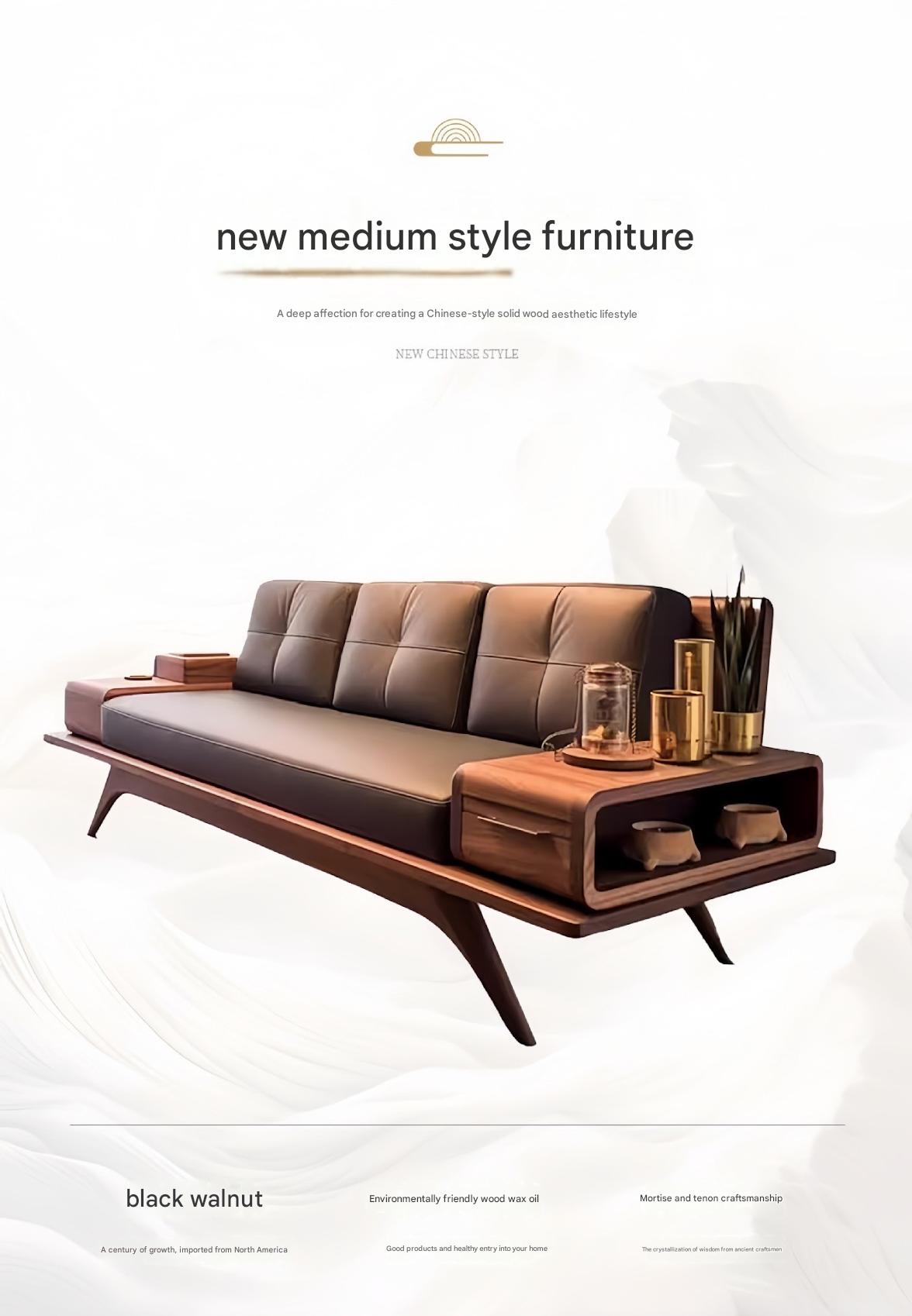 Luxury Walnut Wooden Sofa Set with Built-In Side Storage