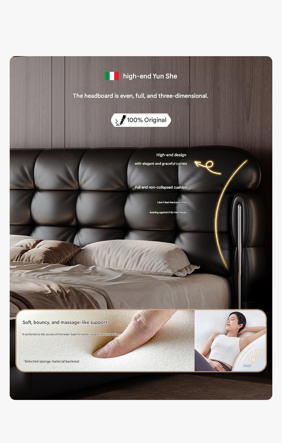 Luxury Italian Leather Bed with Tufted Cushion Headboard
