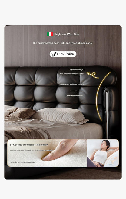 Luxury Italian Leather Bed with Tufted Cushion Headboard