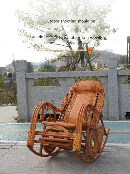 Vintage Wooden Rattan Rocking Chair With Footrest