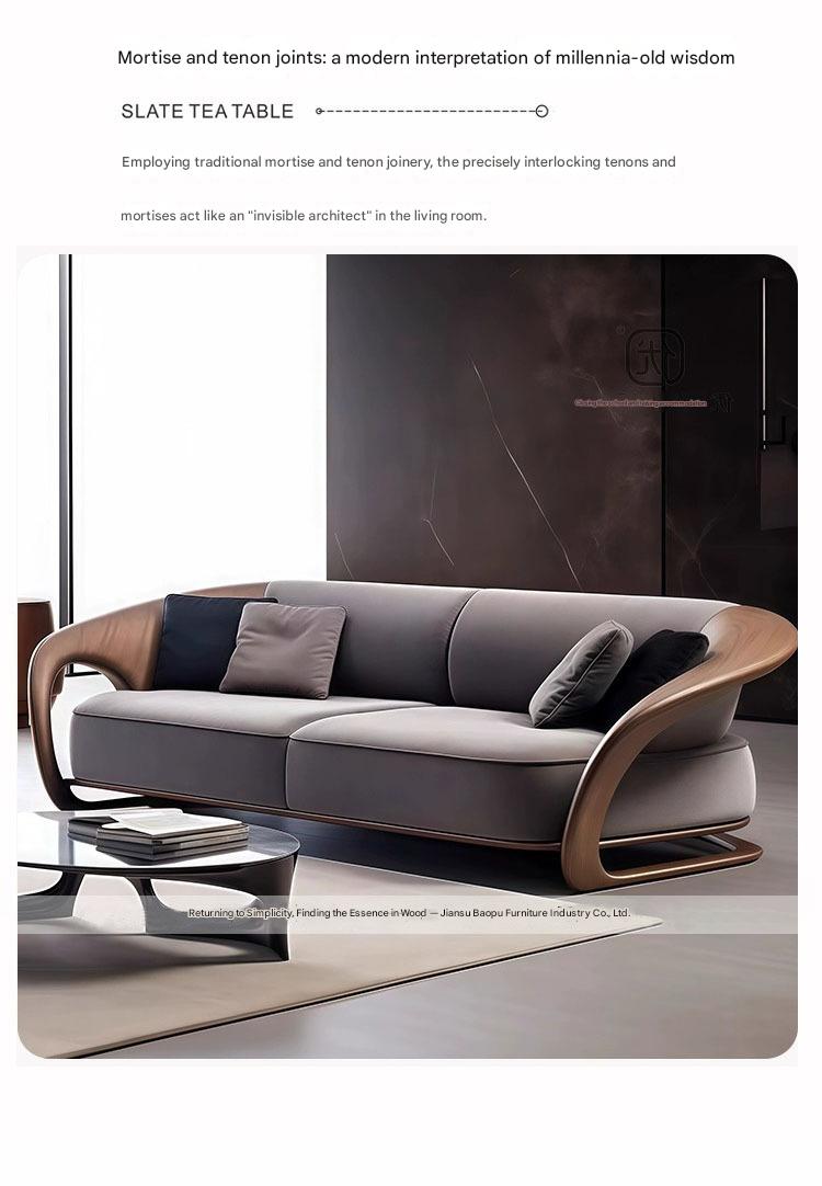 Modern Curved Sofa with Wooden Armrests