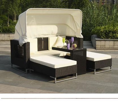 Luxury Outdoor Rattan Daybed Sofa with Adjustable Sunshade Canopy