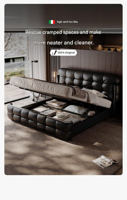 Luxury Italian Leather Bed with Tufted Cushion Headboard