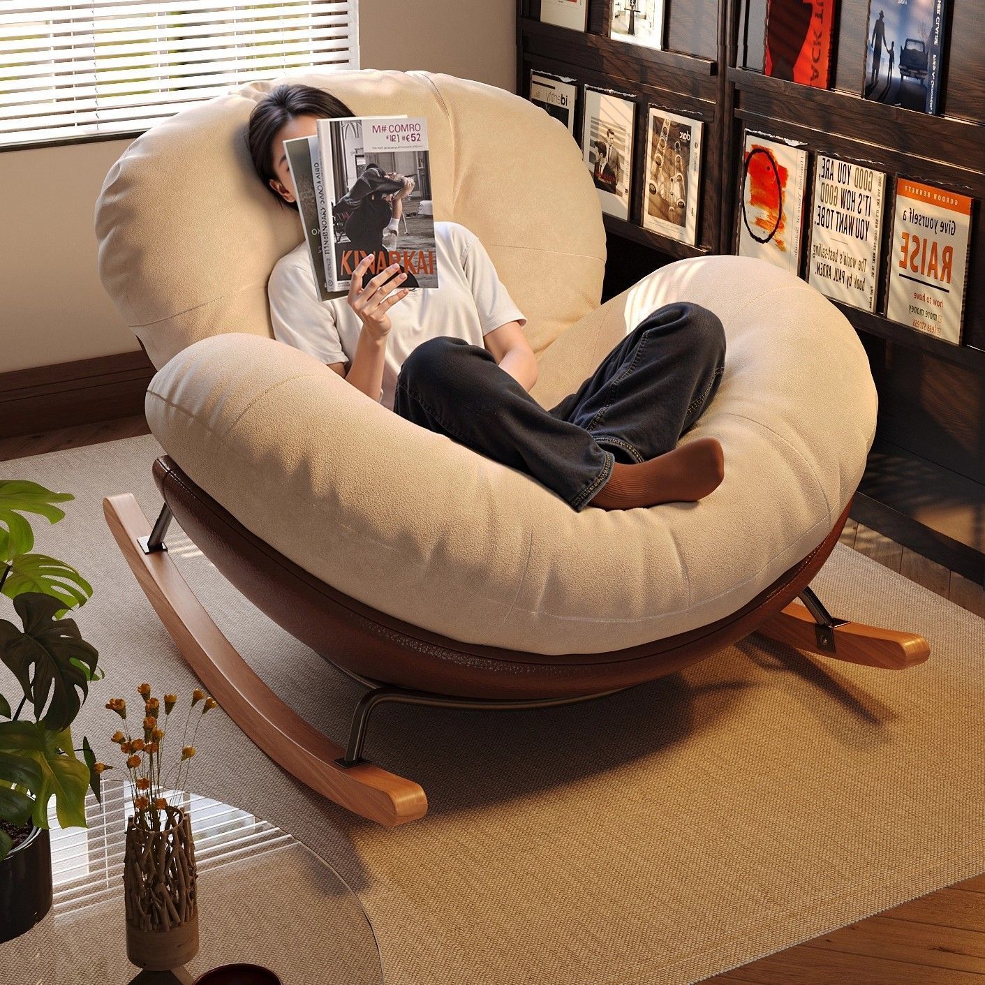 Modern Eggshell Rocking Chair with Ottoman