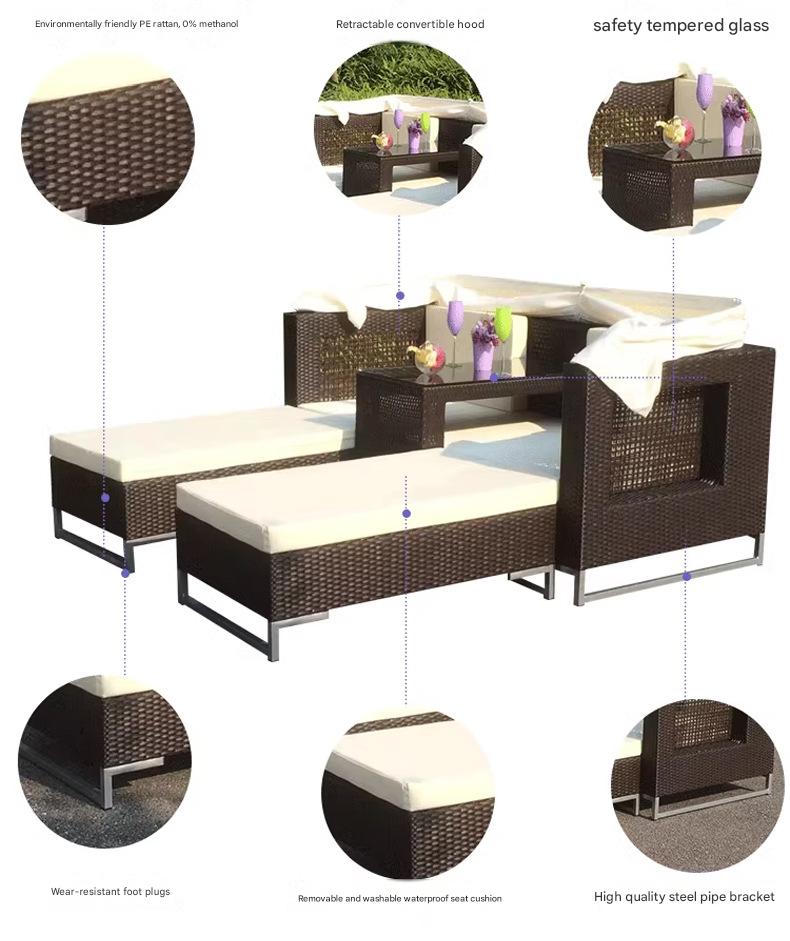 Luxury Outdoor Rattan Daybed Sofa with Adjustable Sunshade Canopy