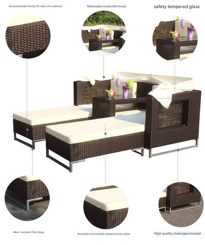 Luxury Outdoor Rattan Daybed Sofa with Adjustable Sunshade Canopy
