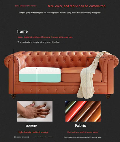Retro Leather Sofa With Deep Button Tufting