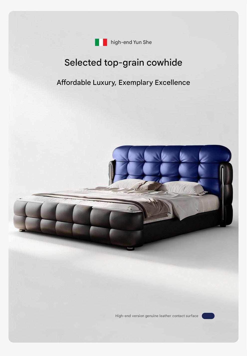 Luxury Italian Leather Bed with Tufted Cushion Headboard