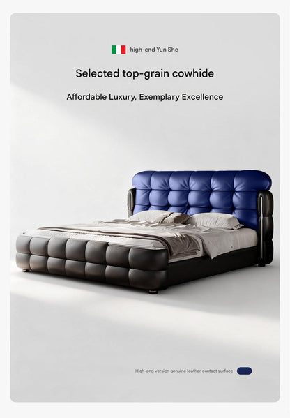 Luxury Italian Leather Bed with Tufted Cushion Headboard