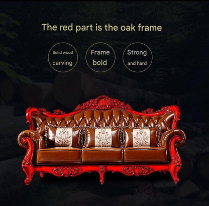 Luxury European Wooden Leather Sofa Set With Coffee Table
