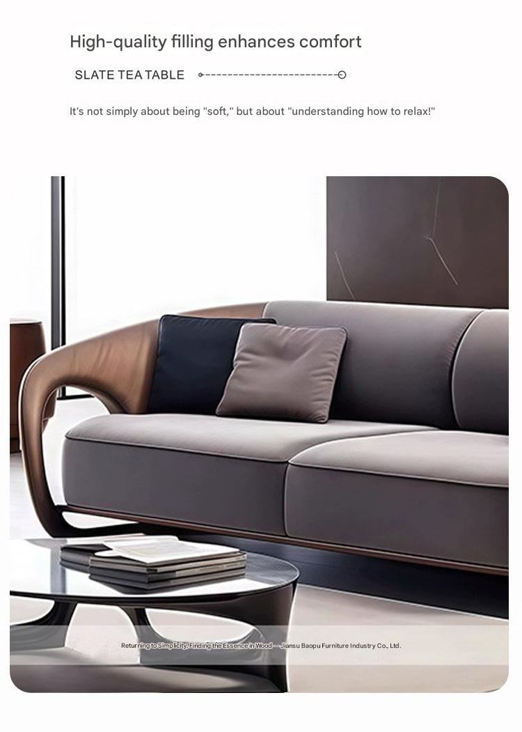 Modern Curved Sofa with Wooden Armrests