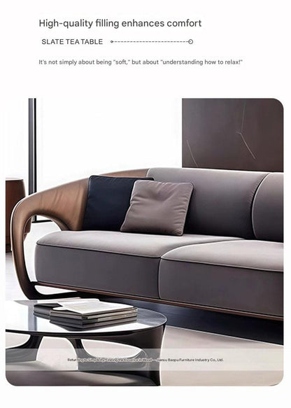 Modern Curved Sofa with Wooden Armrests