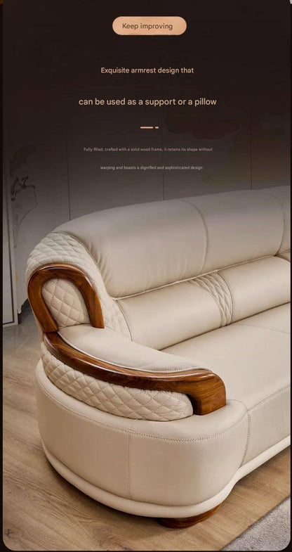Italian Luxury Ebony Solid Wood Leather Sofa Set