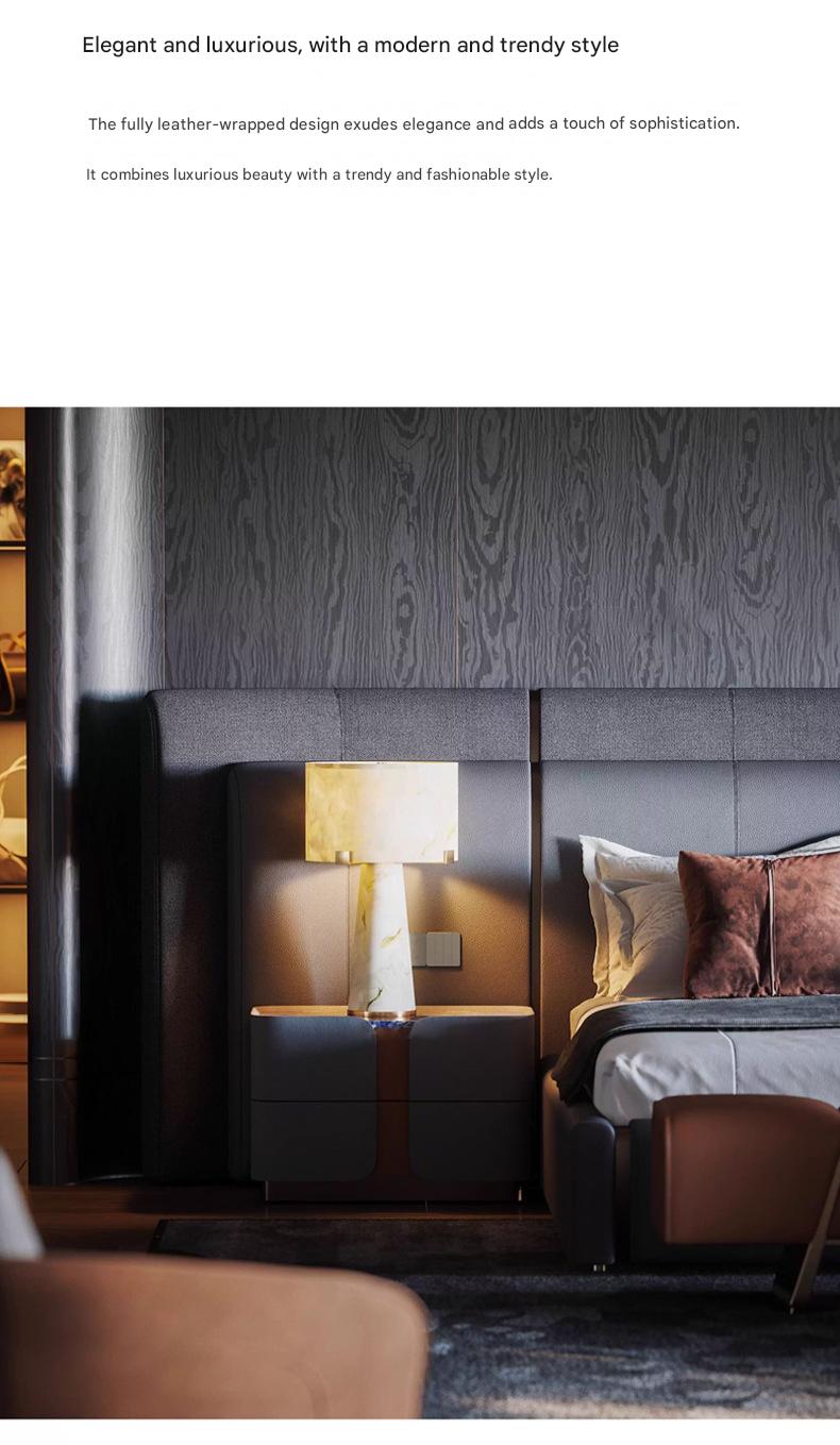 Italian Luxury Leather King Size Bed with Wide Headboard