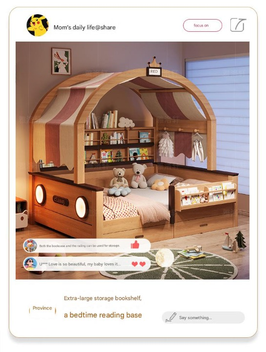 Luxury Solid Wood Kids Canopy Bed with Storage