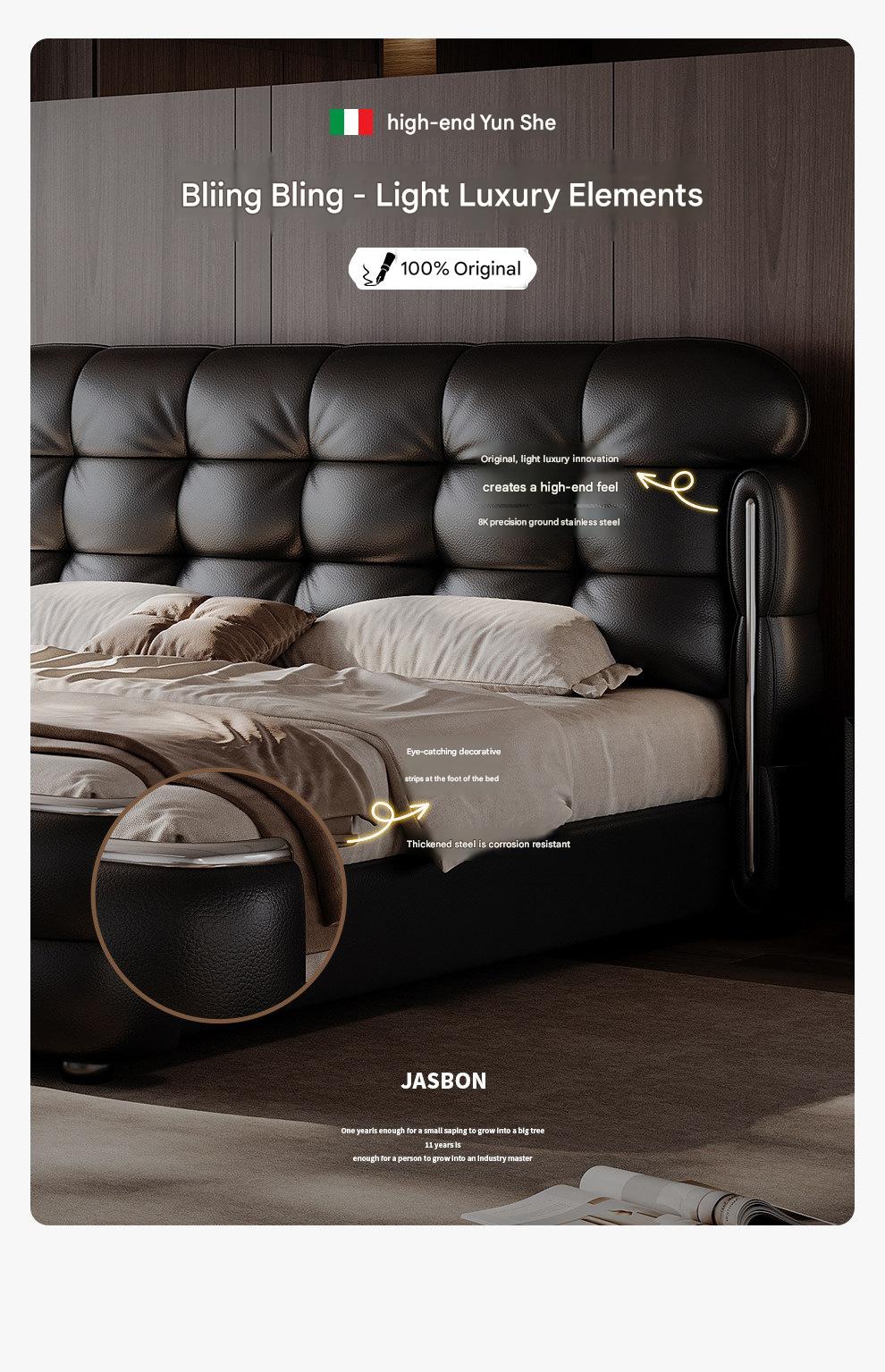 Luxury Italian Leather Bed with Tufted Cushion Headboard