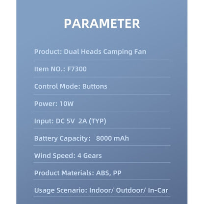 8000mAh F7300 Double headed Outdoor Camping Fan 8