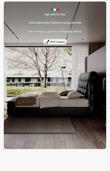 Luxury Italian Leather Bed with Tufted Cushion Headboard