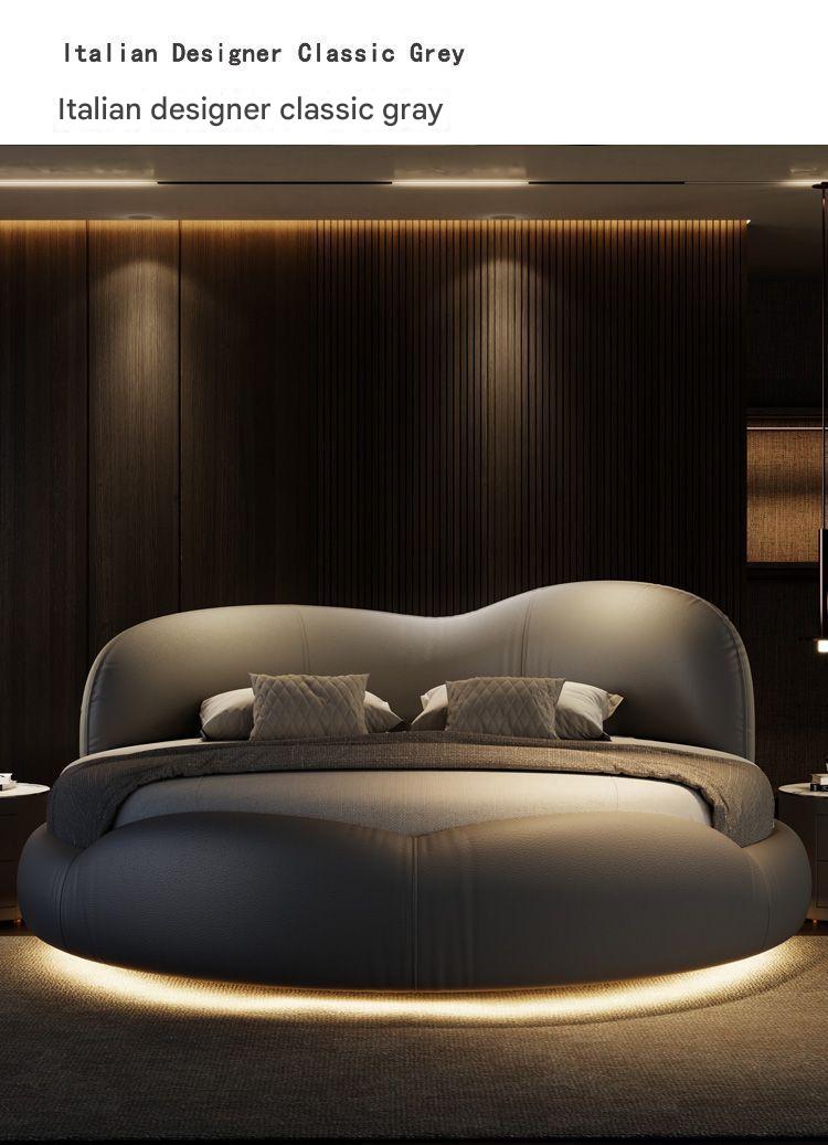 Luxury Round Leather Bed With LED