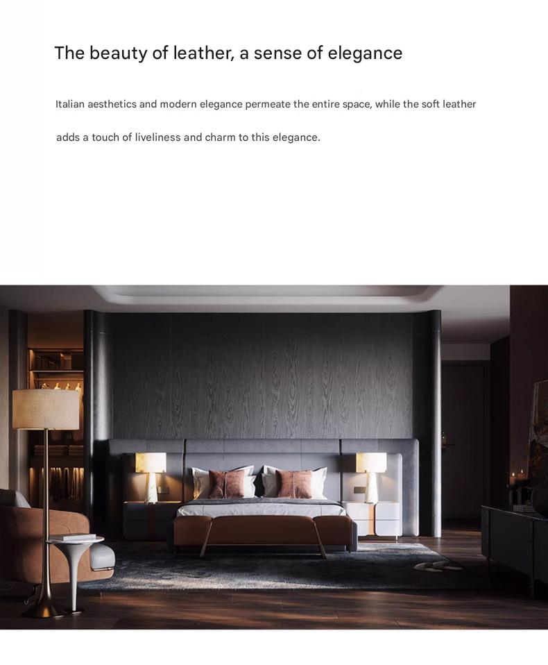 Italian Luxury Leather King Size Bed with Wide Headboard