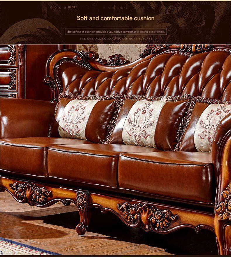 Luxury European Wooden Leather Sofa Set With Coffee Table