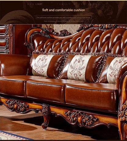 Luxury European Wooden Leather Sofa Set With Coffee Table