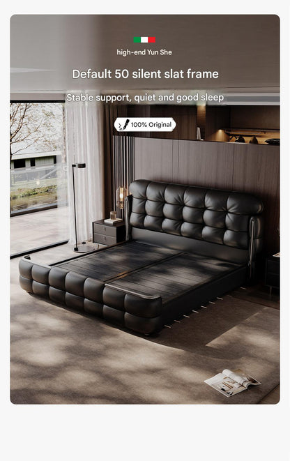 Luxury Italian Leather Bed with Tufted Cushion Headboard