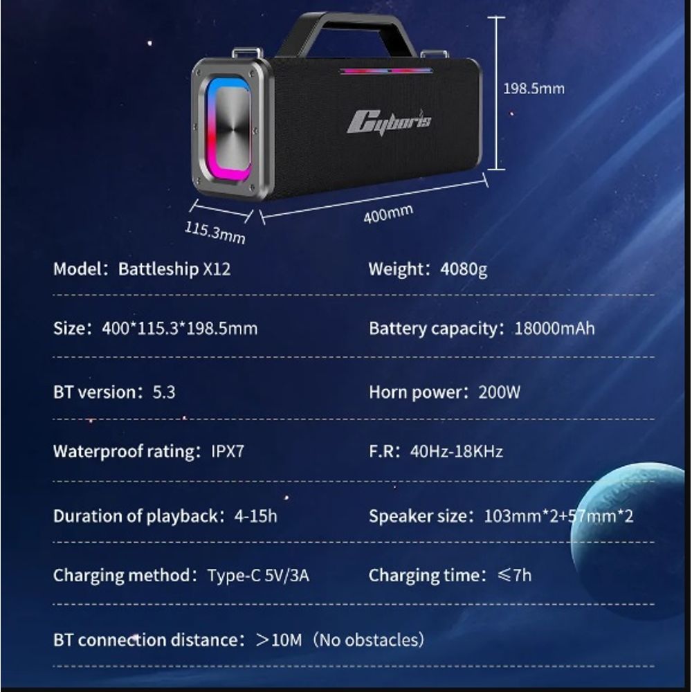 200W Portable Wireless Speaker with 2 Microphones