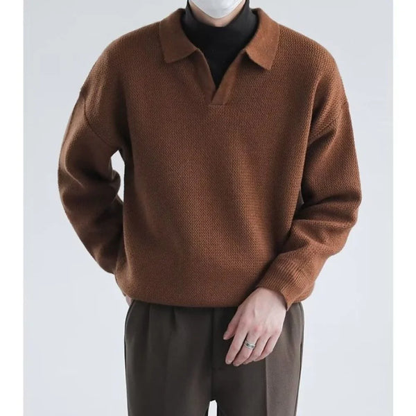 Mens Casual Long Sleeve Lapel Knitted Sweater 1